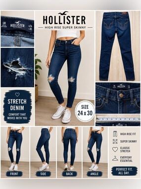 Hollister High Rise Super Skinny Jeans Distressed Knees Dark Wash W24 L30